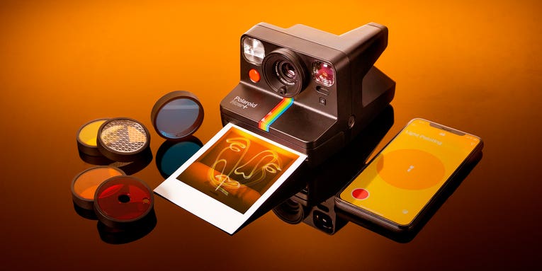 The Polaroid Now+ instant film camera connects to a smartphone via Bluetooth
