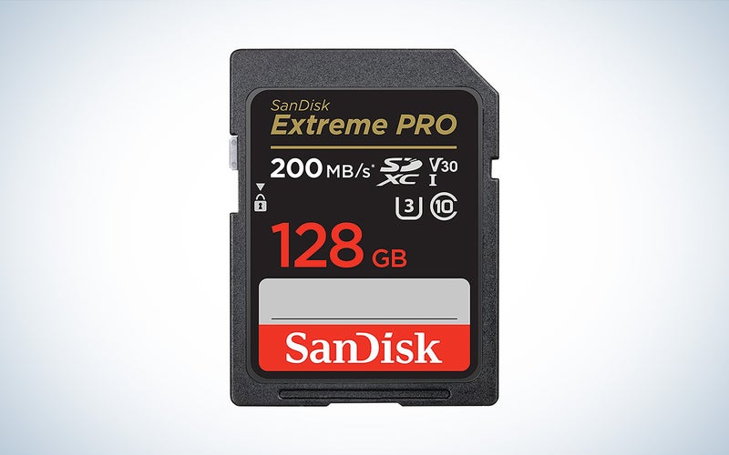 SanDisk 128GB Extreme PRO UHS-I SDXC memory card for cameras against a white background