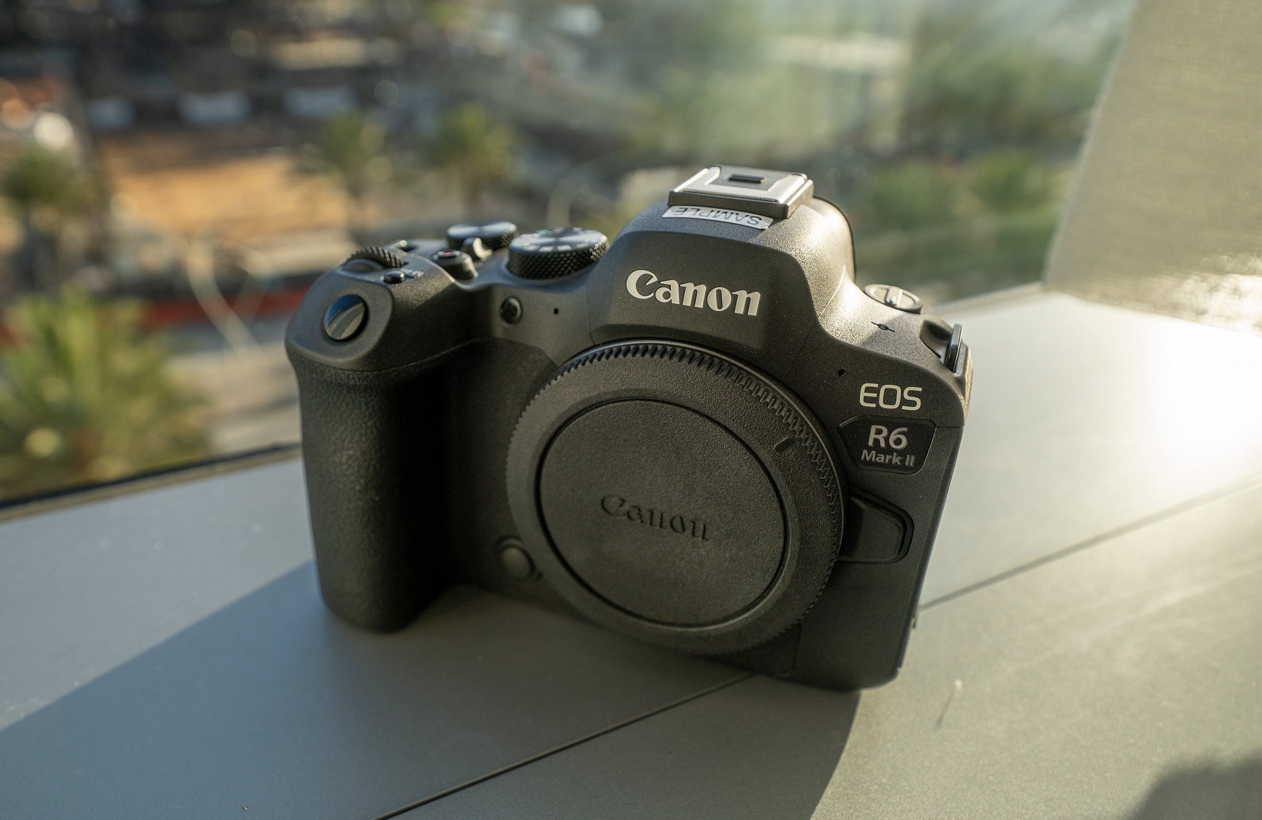 The Canon EOS R6 Mark II on a windowsill.