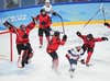 Canada celebrates after the ice hockey women's gold medal game of the Beijing 2022 Winter Olympics between Canada and the United States at Wukesong Sports Centre in Beijing, China. Canada won 3:2.