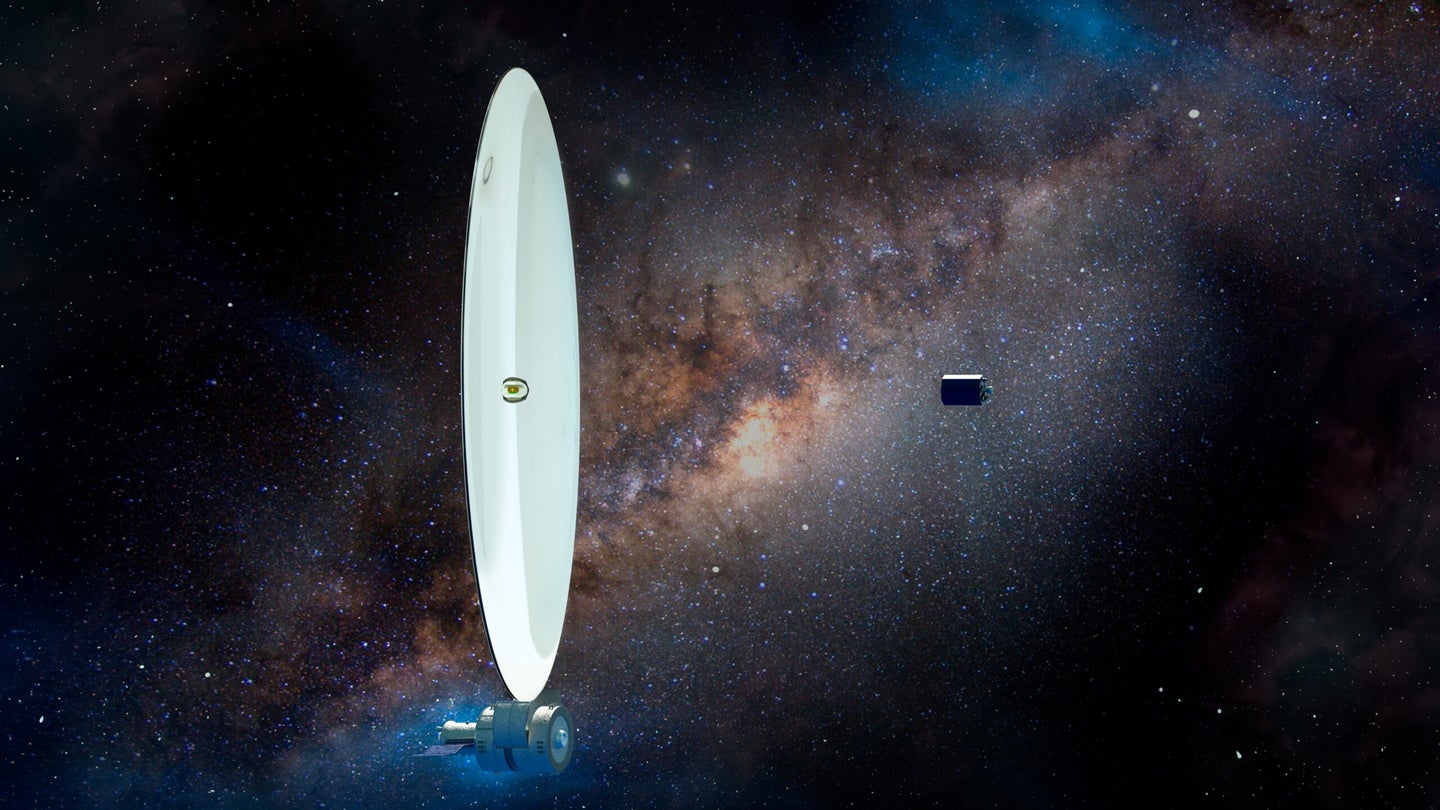 An illustration showing the final stage of a possible future giant telescope being created in space using fluids.