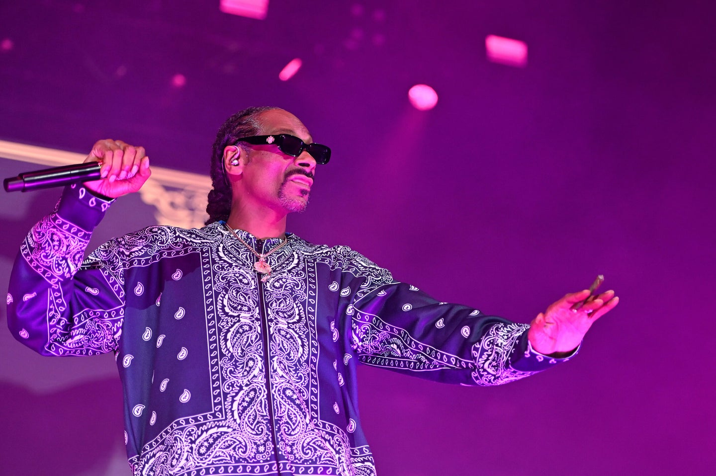 Snoop Dogg on stage under purple lights.